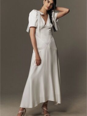 Anthropologie Ivory Tie-Shoulder Puff-Sleeve Maxi Dress